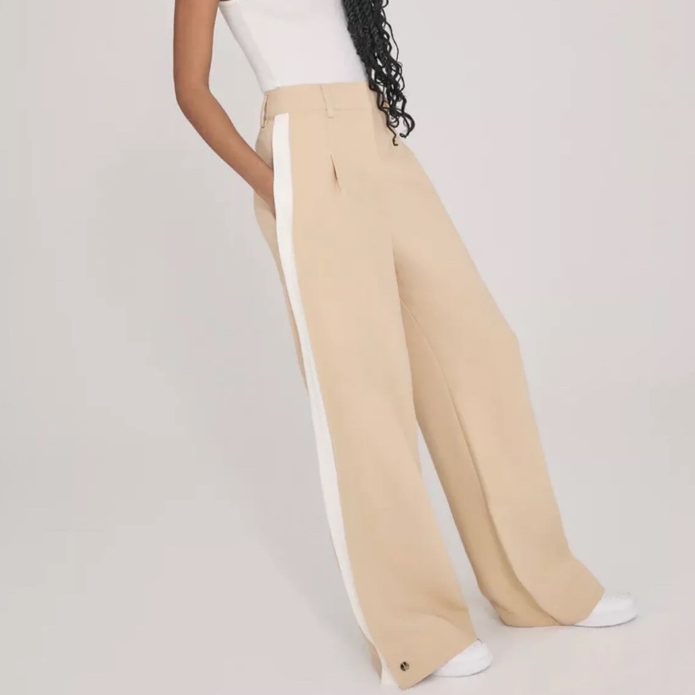 Favorite Daughter Beige Wide-Leg Pants with White Side Stripe